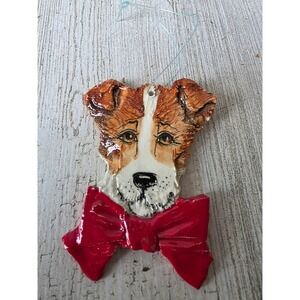 Vintage sonnett Jack Russell dog puppy ornament bow Xmas tree rare